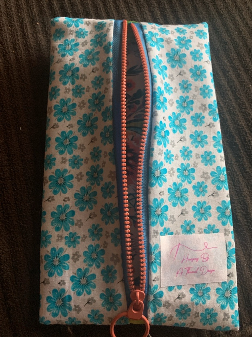 Floral Blue Cotton Pencil Case with Coral Zipper